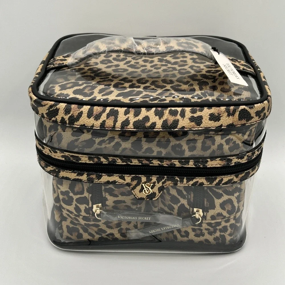 Victoria's Secret Leopard Print 4-in-1 Makeup Bag Set Clear Train Case NWT